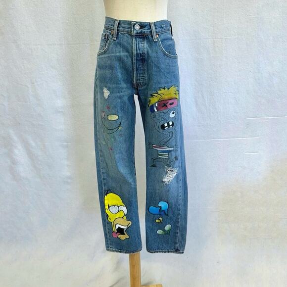 Levi's Denim - Levi's 501 custom hand‎ painted cartoon graffiti high waist jeans size 32x30